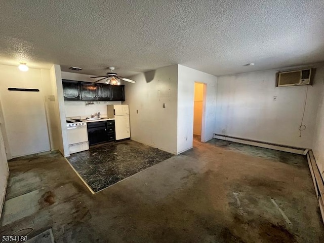 kitchen featuring ceiling fan, baseboard heating, white appliances, a textured ceiling, and unfinished concrete floors