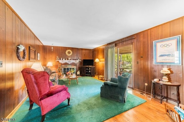 living area featuring wooden walls, wood finished floors, and a fireplace