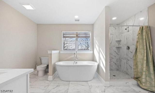 bathroom featuring a marble finish shower, visible vents, a soaking tub, and marble finish floor