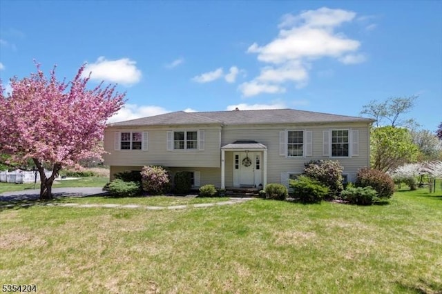 raised ranch featuring a front lawn