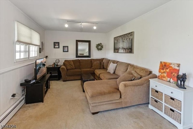 living room with a baseboard radiator and light carpet