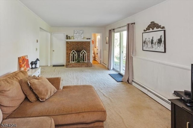 living area with baseboard heating, carpet flooring, and a brick fireplace