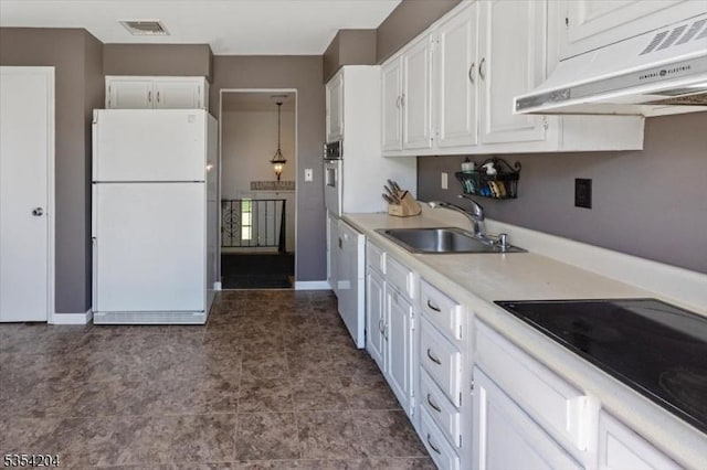 kitchen featuring a sink, white appliances, white cabinetry, under cabinet range hood, and visible vents