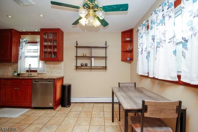 kitchen with decorative backsplash, a ceiling fan, dishwasher, a sink, and a baseboard heating unit