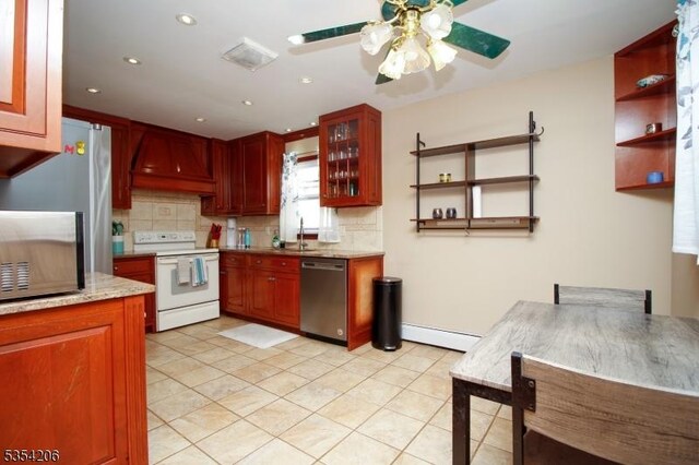 kitchen with ceiling fan, tasteful backsplash, white electric range, dishwasher, and custom range hood