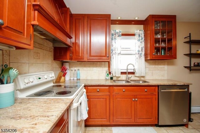 kitchen with a sink, stainless steel dishwasher, white electric stove, and light stone countertops