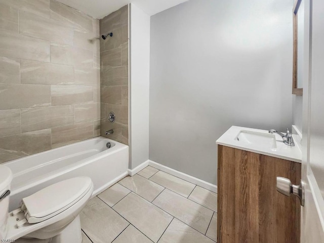 bathroom with shower / bathing tub combination, baseboards, tile patterned floors, vanity, and toilet