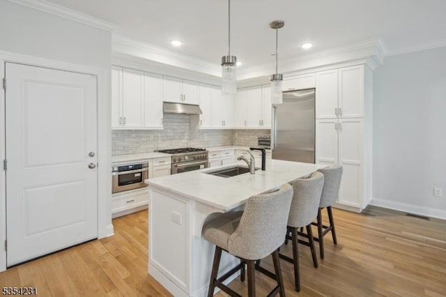 kitchen with under cabinet range hood, high quality appliances, crown molding, and a sink