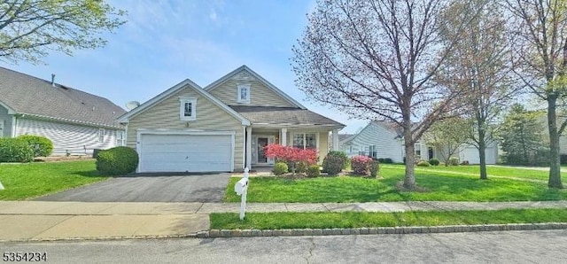 view of front of home with a garage, aphalt driveway, and a front yard