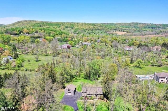 drone / aerial view with a wooded view