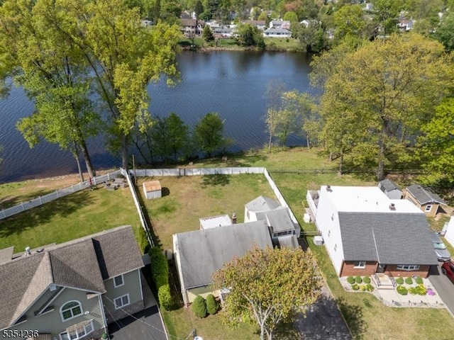 aerial view featuring a water view and a residential view
