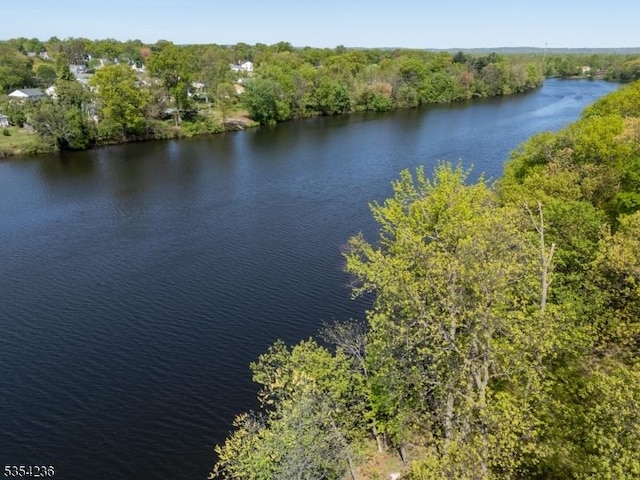 aerial view featuring a view of trees and a water view