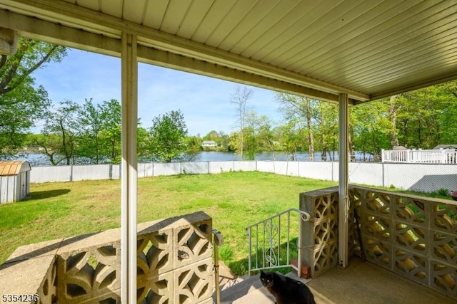 view of patio with a water view and a fenced backyard