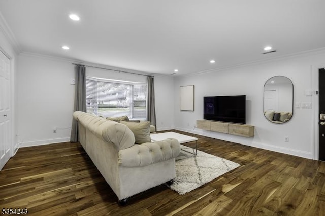 living area with crown molding, recessed lighting, baseboards, and dark wood-style floors