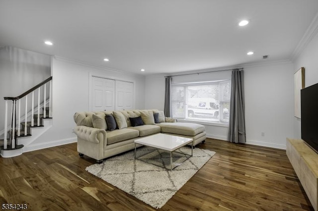 living area with recessed lighting, ornamental molding, stairs, and wood finished floors