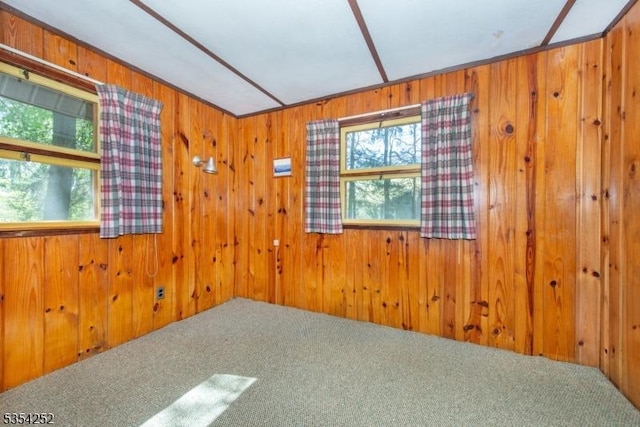 carpeted spare room featuring wood walls