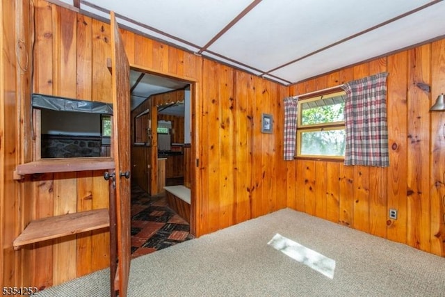 carpeted spare room featuring wood walls