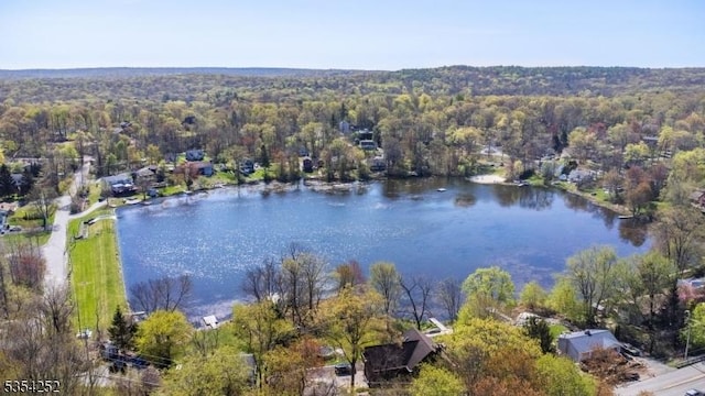 drone / aerial view featuring a water view and a wooded view