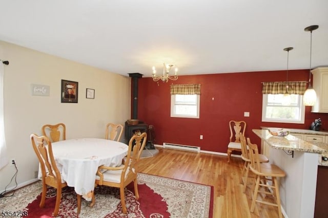 dining space with plenty of natural light, a wood stove, a baseboard heating unit, and light wood-style flooring