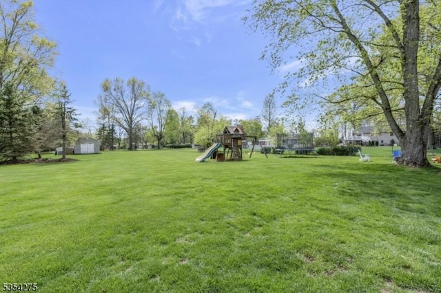 view of yard featuring a storage unit, an outdoor structure, and a playground