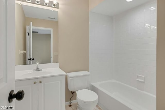 bathroom with vanity, toilet, tile patterned floors, shower / bath combination, and baseboards
