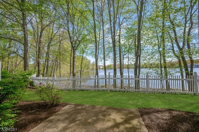 property view of water with a fenced backyard