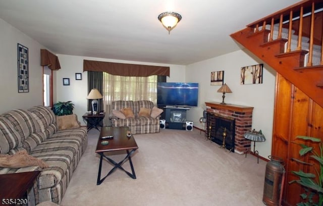 29 Olcott St, Franklin Twp, NJ 08873 - living area with carpet floors, a brick fireplace, and stairway