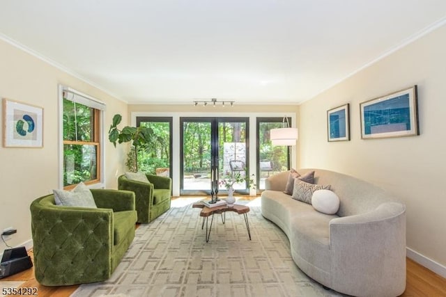 living area featuring a healthy amount of sunlight, ornamental molding, french doors, and wood finished floors