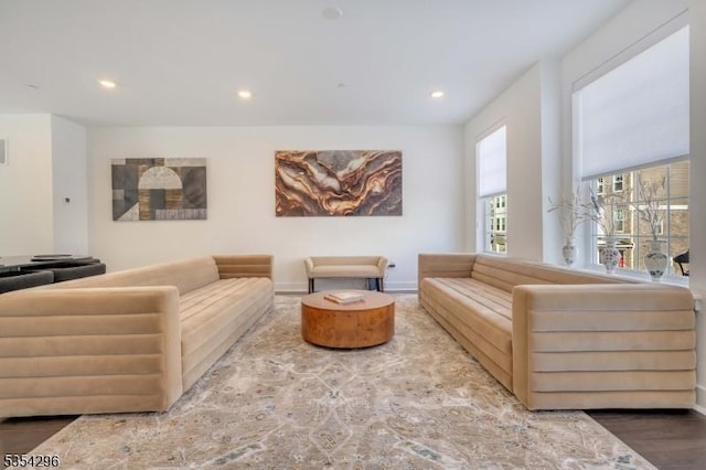 living area featuring recessed lighting, baseboards, and wood finished floors