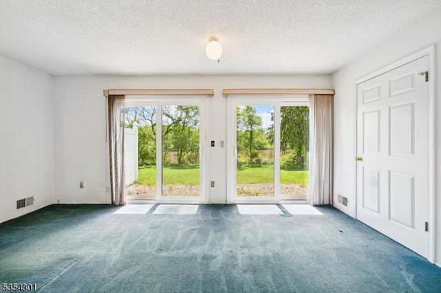 doorway to outside with carpet flooring and a textured ceiling