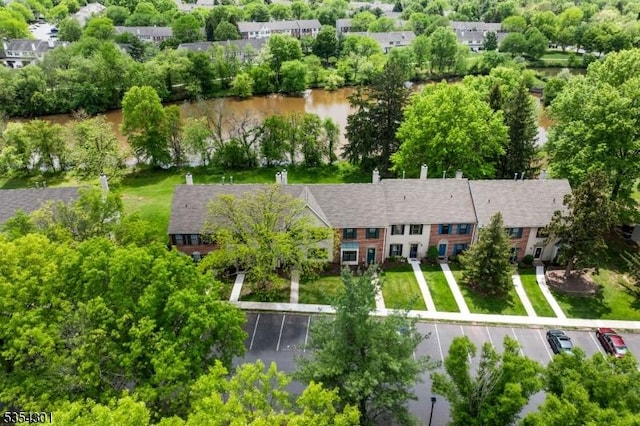 bird's eye view of a large body of water and a tree filled landscape