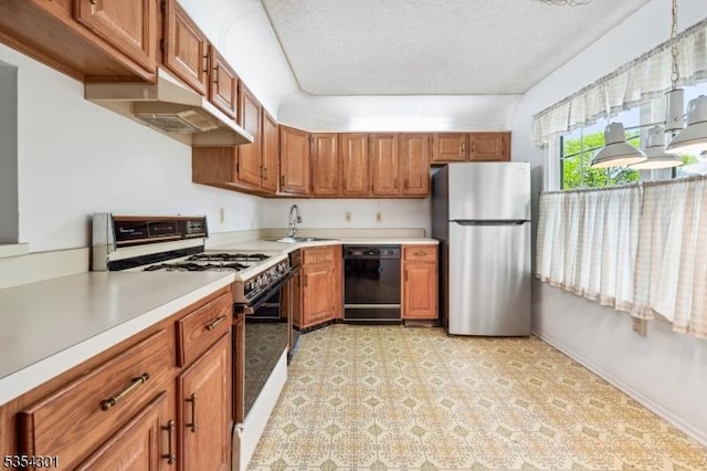 kitchen featuring white range with gas cooktop, freestanding refrigerator, black dishwasher, light countertops, and brown cabinets