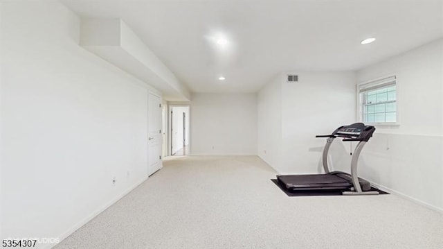 exercise area with recessed lighting, carpet flooring, and visible vents