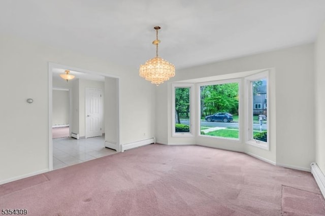 empty room with carpet flooring, a chandelier, baseboards, a baseboard heating unit, and baseboard heating