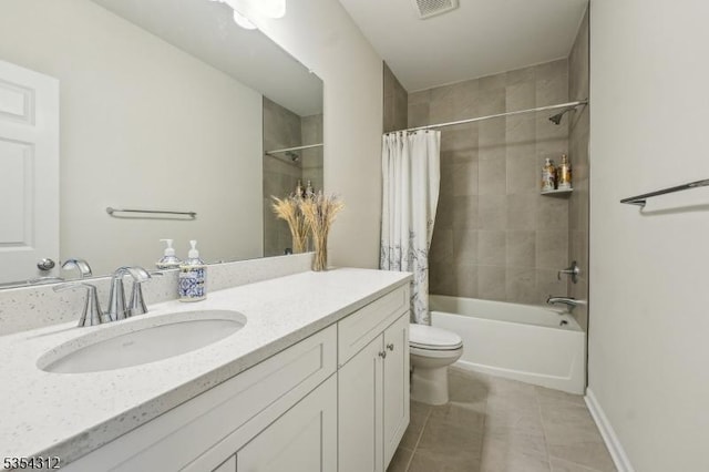 bathroom with tile patterned flooring, visible vents, vanity, shower / bath combination with curtain, and toilet