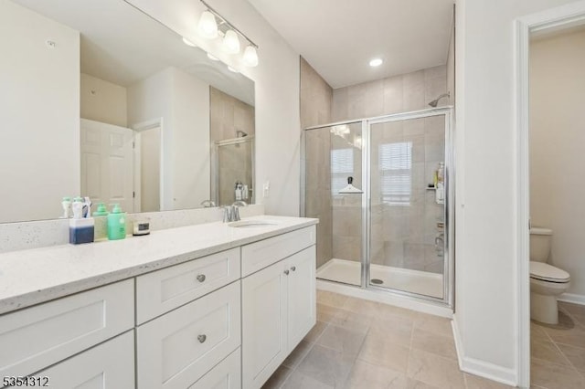 full bath with toilet, tile patterned floors, a shower stall, and vanity