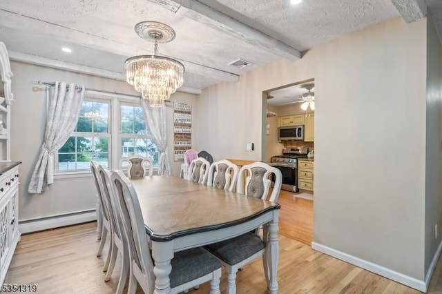 dining area featuring visible vents, beamed ceiling, a textured ceiling, a baseboard radiator, and light wood finished floors