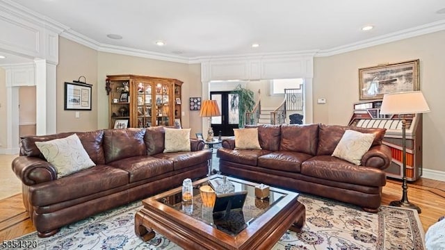 37 Gregory Ave, West Orange Twp, NJ 07052 - living area featuring ornamental molding, recessed lighting, light wood finished floors, baseboards, and ornate columns