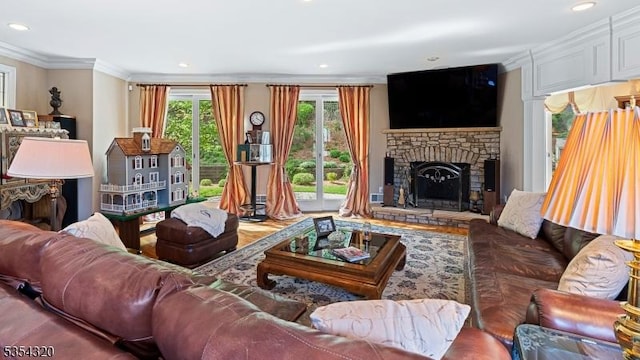 37 Gregory Ave, West Orange Twp, NJ 07052 - living room featuring crown molding, a stone fireplace, wood finished floors, and recessed lighting
