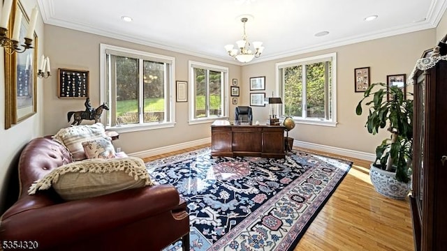37 Gregory Ave, West Orange Twp, NJ 07052 - office area with a chandelier, light wood-style floors, baseboards, and crown molding