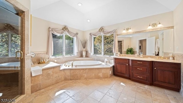 37 Gregory Ave, West Orange Twp, NJ 07052 - full bathroom with a bath, double vanity, lofted ceiling, and a stall shower