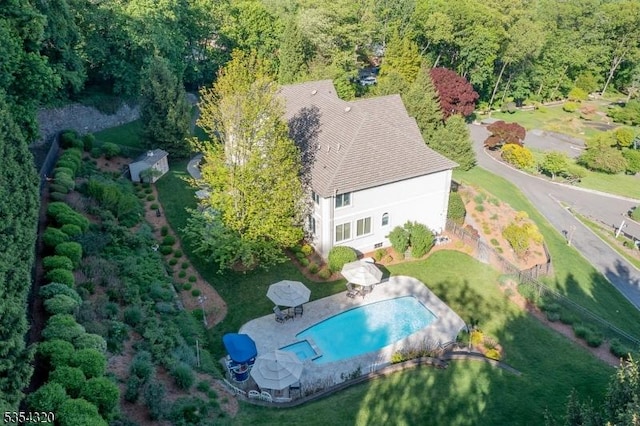 37 Gregory Ave, West Orange Twp, NJ 07052 - view from above of property featuring a pool area and a heavily wooded area
