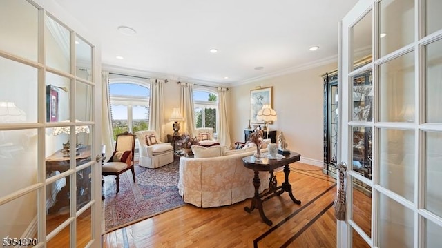 37 Gregory Ave, West Orange Twp, NJ 07052 - living area with french doors, crown molding, wood finished floors, recessed lighting, and baseboards