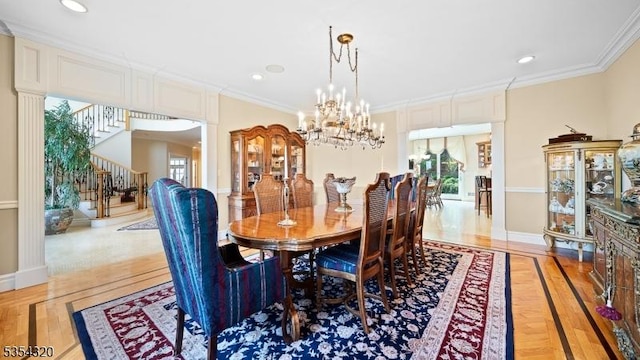 37 Gregory Ave, West Orange Twp, NJ 07052 - dining space with stairway, crown molding, a chandelier, baseboards, and parquet floors