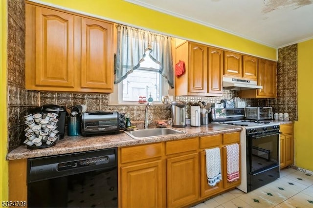 kitchen featuring a sink, stove, under cabinet range hood, dishwasher, and decorative backsplash