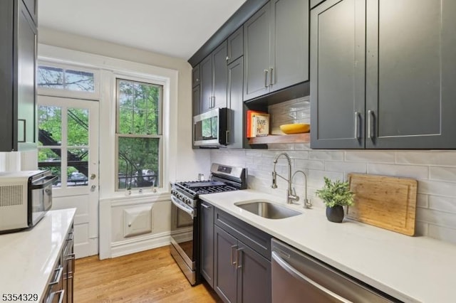 kitchen with appliances with stainless steel finishes, a sink, light wood-style floors, light countertops, and backsplash