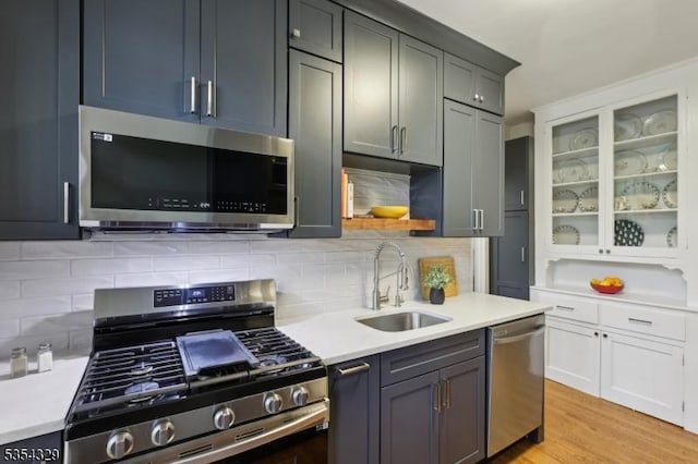 kitchen with appliances with stainless steel finishes, a sink, light countertops, backsplash, and light wood finished floors