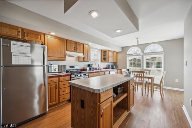 5 Bridgewater Ave, Stafford Twp, NJ 08050 - kitchen featuring appliances with stainless steel finishes, baseboards, light wood-style floors, brown cabinetry, and recessed lighting