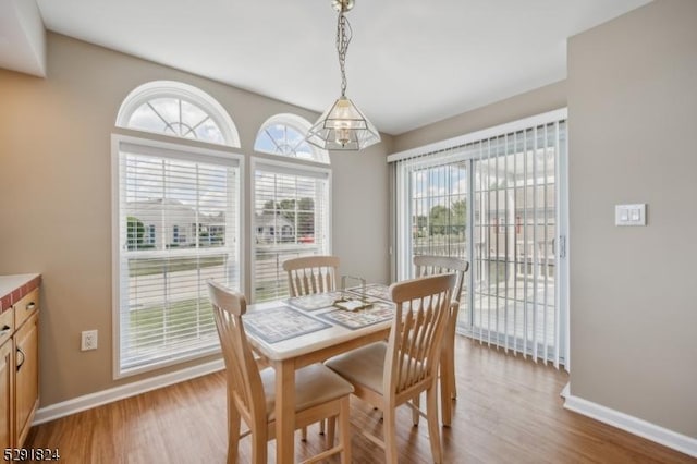5 Bridgewater Ave, Stafford Twp, NJ 08050 - dining area with baseboards, a chandelier, and wood finished floors