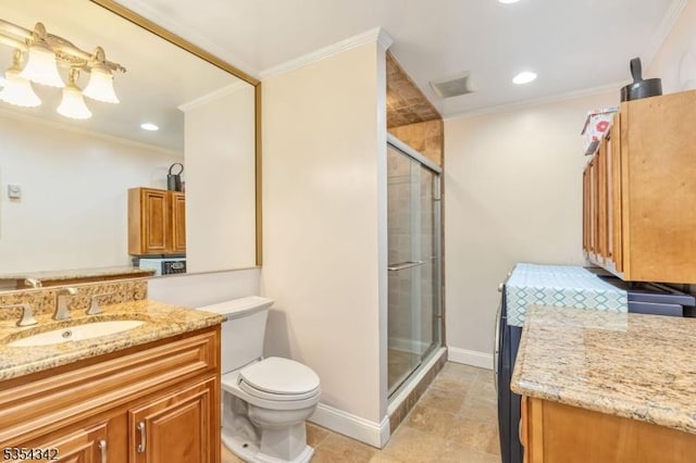 full bath featuring crown molding, vanity, toilet, and a shower stall
